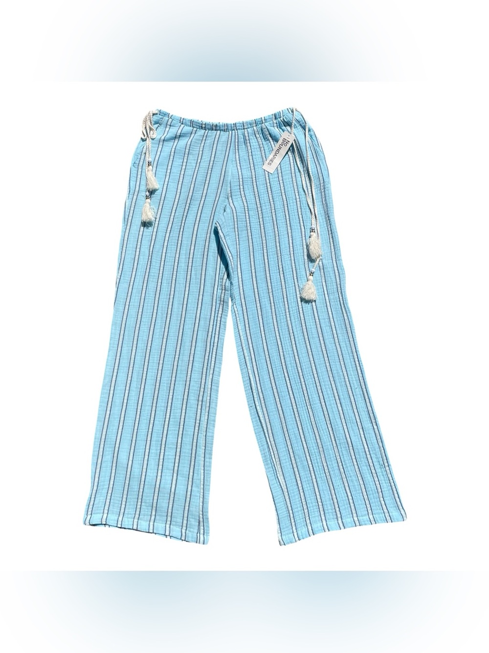 No Boundaries Gauze Beach Pants Womens S Blue White Stripe Pockets Tassels